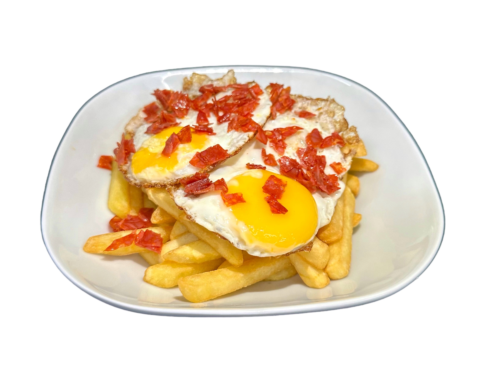  Huevos rotos con pepperoni ó bacon